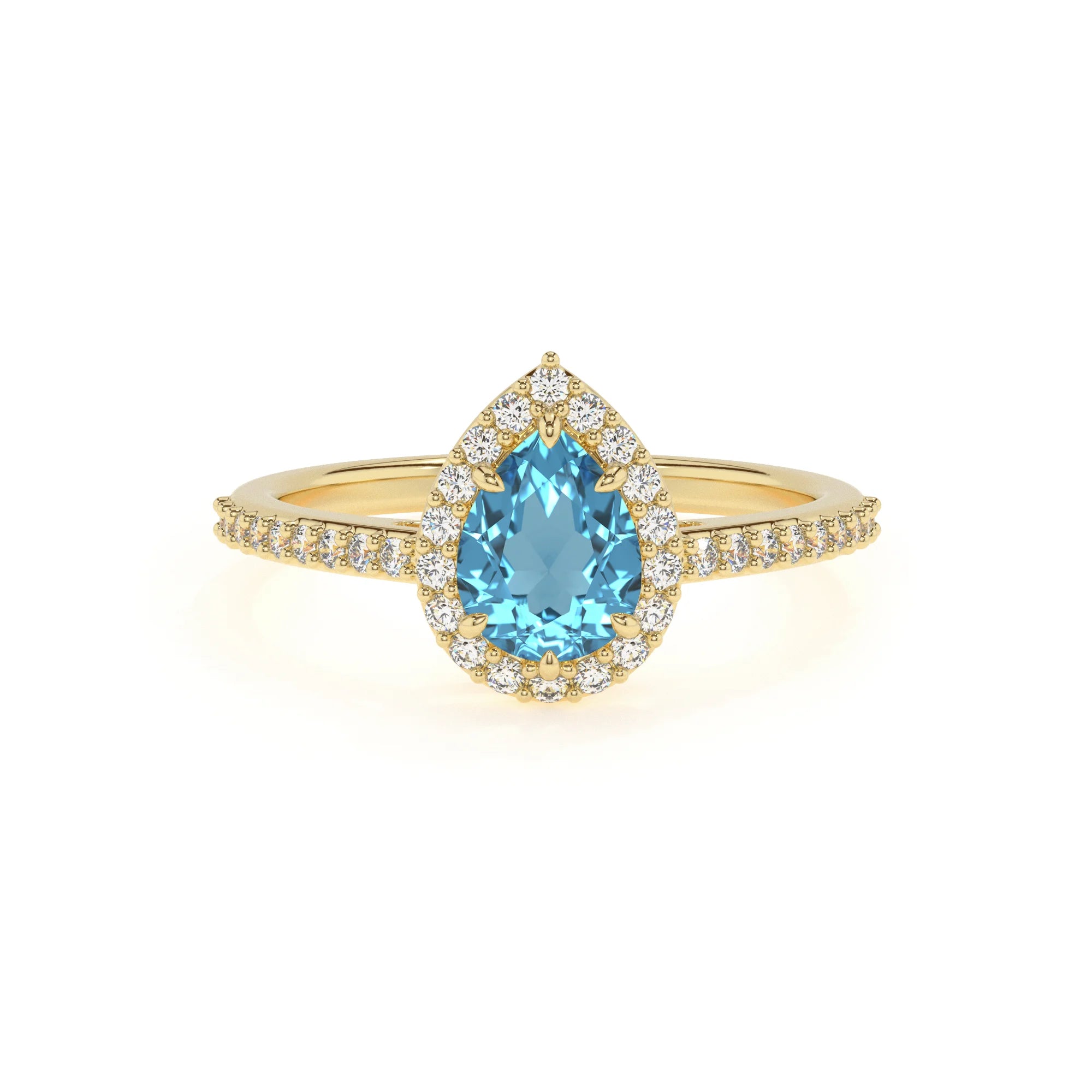 natural swiss-blue-topaz pear solitaire rings in yellow gold