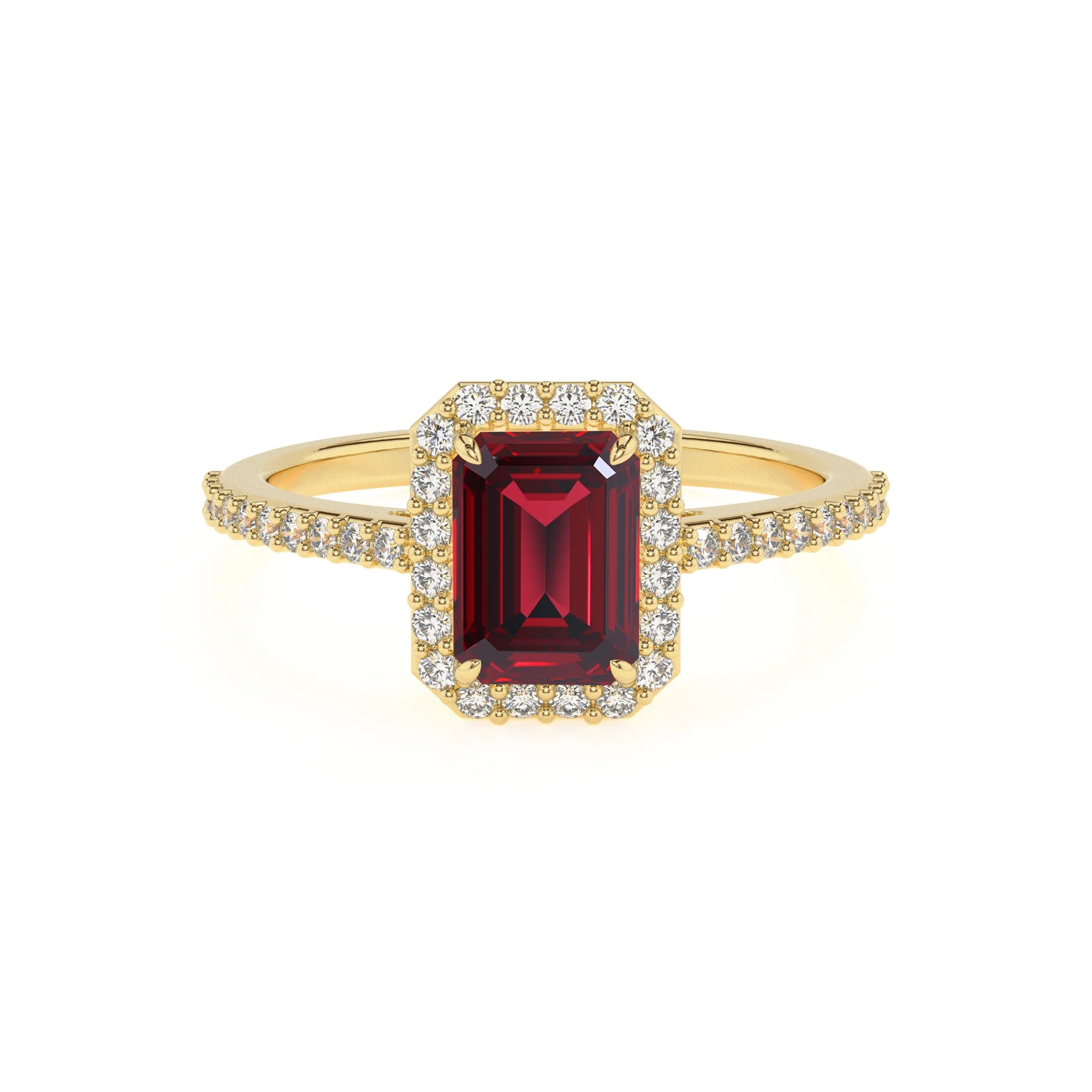 lab grown ruby emerald cut solitaire rings in yellow gold