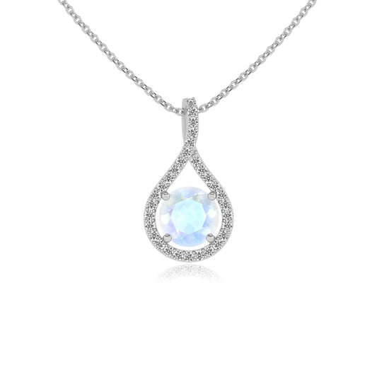 natural rainbow-moonstone round solitaire necklaces in white gold