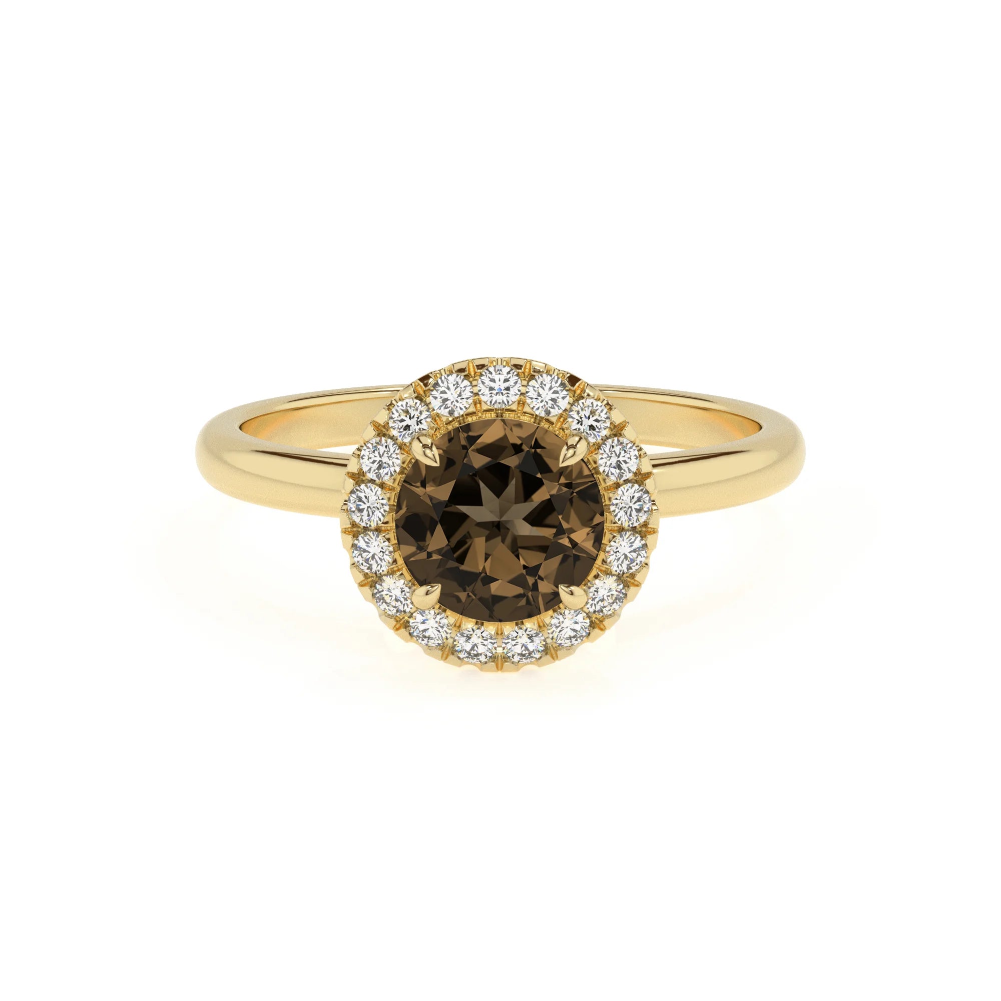 natural smoky-quartz round solitaire rings in yellow gold