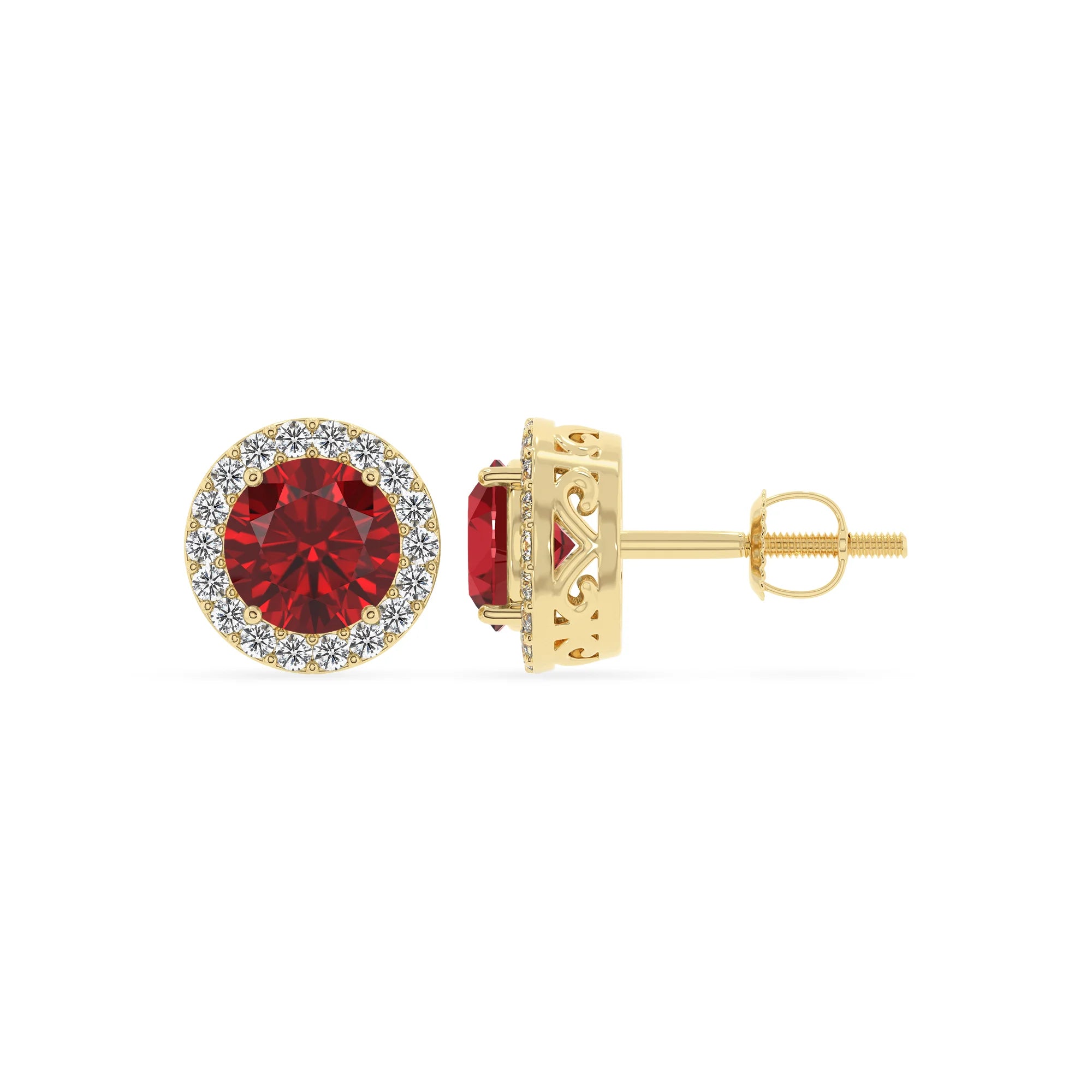lab grown ruby round stud earrings in yellow gold
