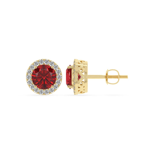 lab grown ruby round stud earrings in yellow gold