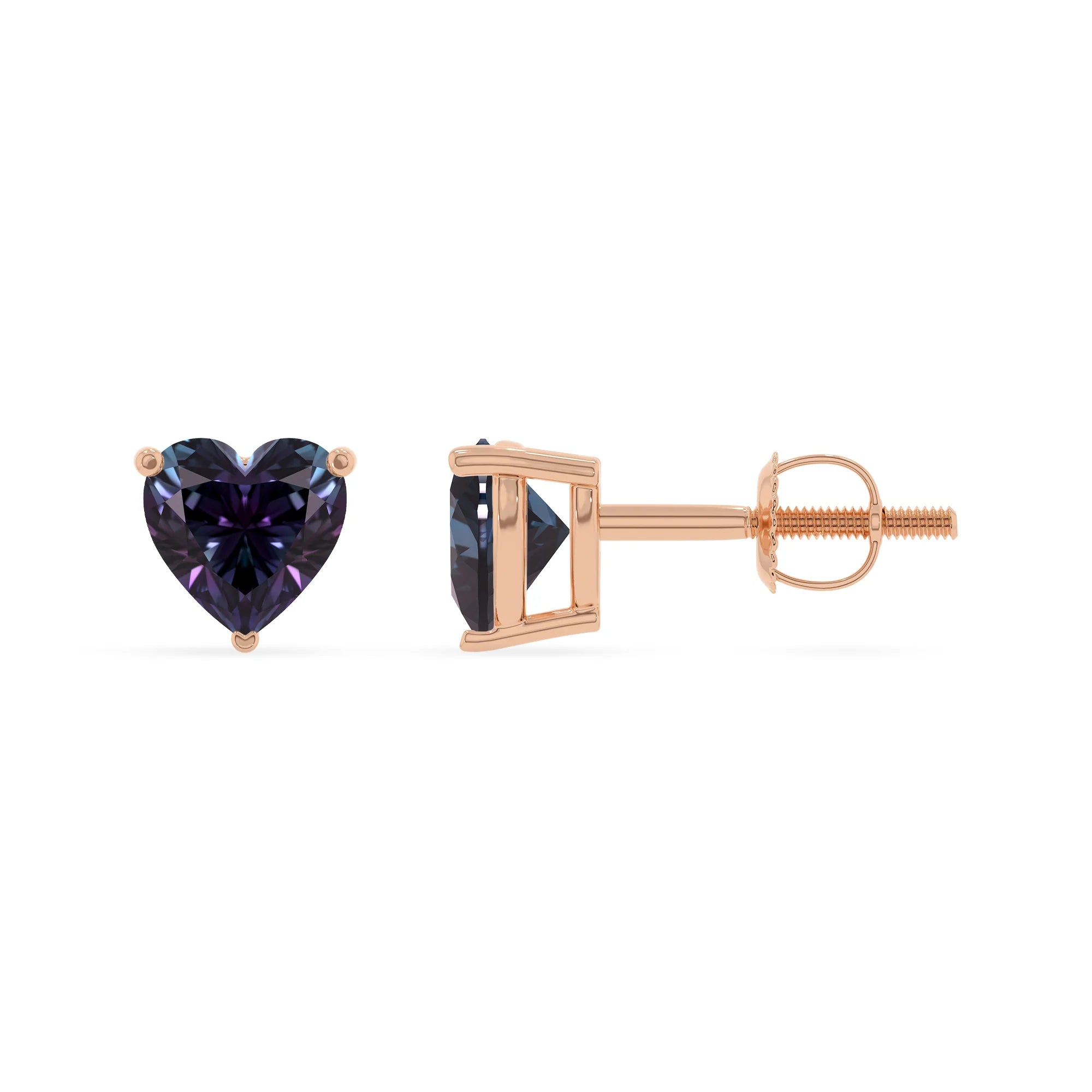 lab grown alexandrite heart stud earrings in rose gold