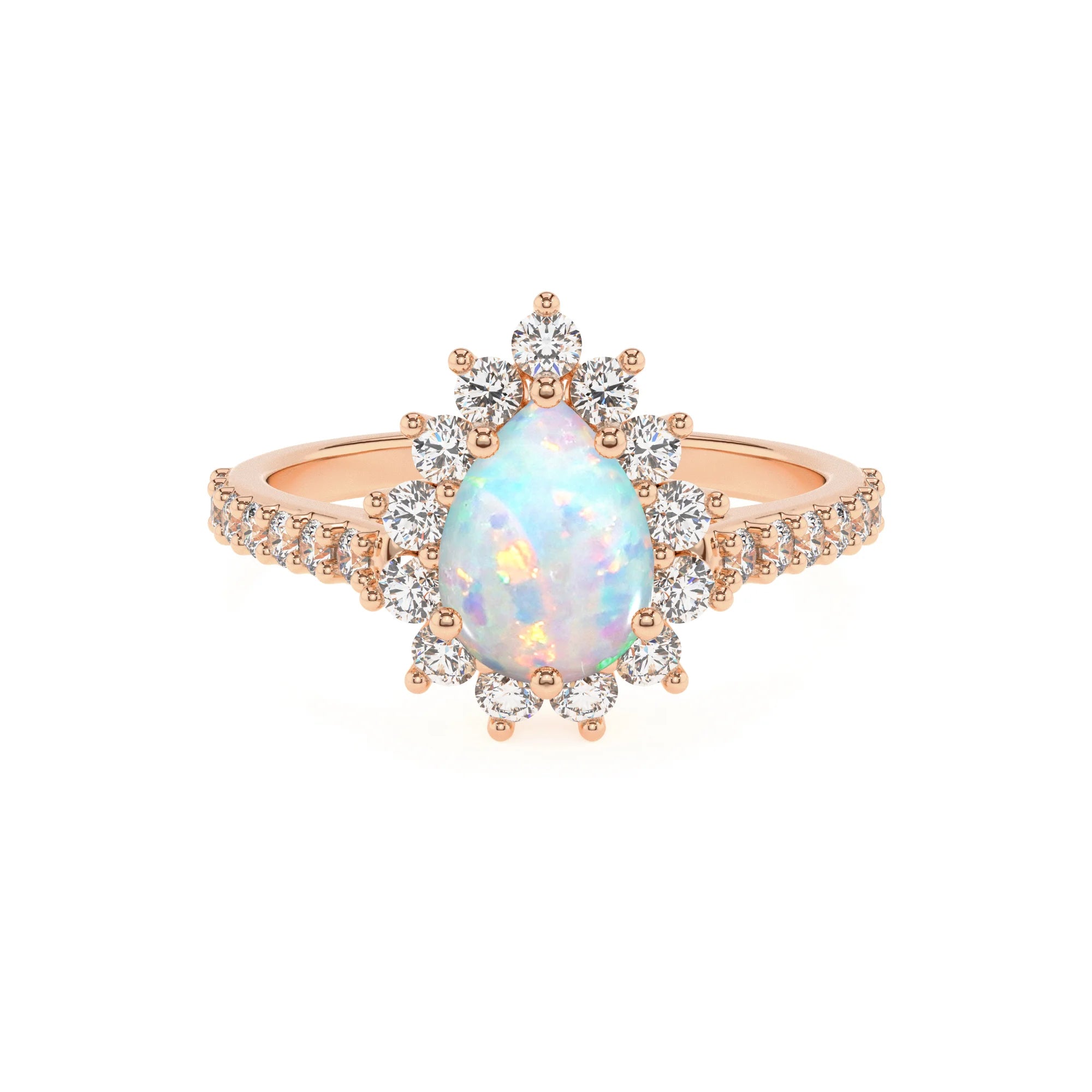 lab grown opal pear solitaire rings in rose gold