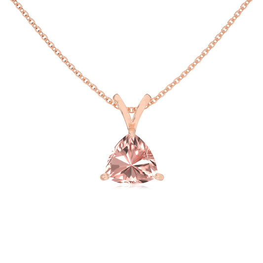 lab grown morganite trillion solitaire v-bale necklaces in rose gold