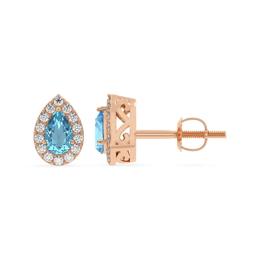 natural swiss blue topaz pear stud earrings in rose gold