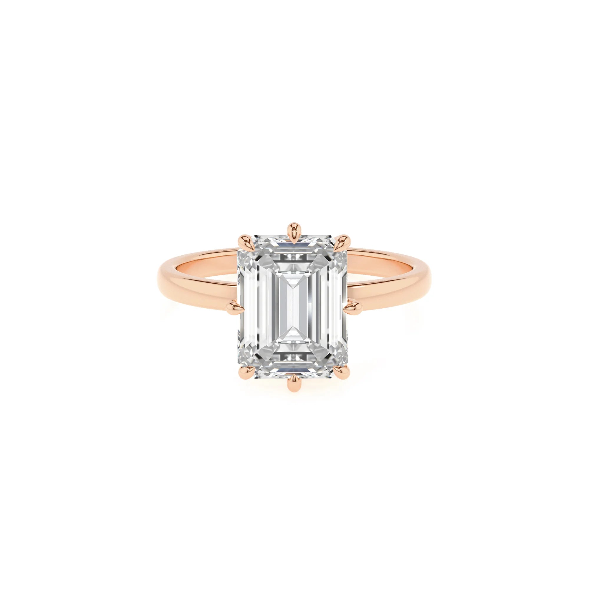 lab grown moissanite emerald cut solitaire rings in rose gold