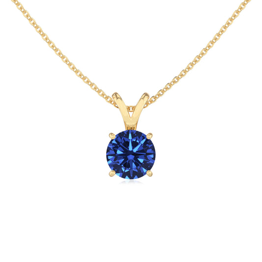 lab grown blue-sapphire round solitaire v-bale necklaces in yellow gold