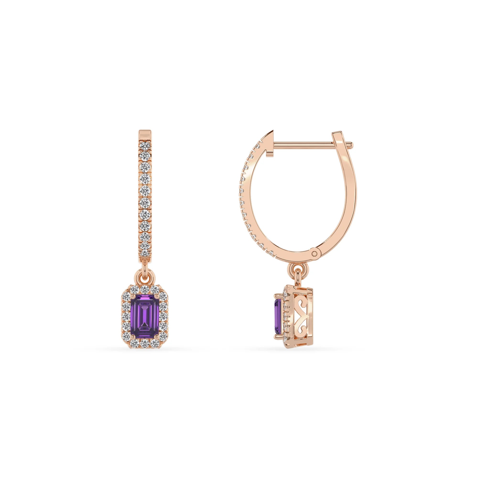 lab grown amethyst emerald cut drop earrings in rose gold