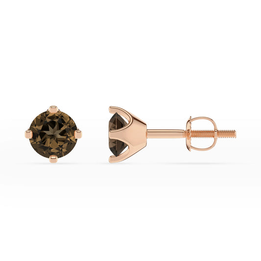 natural smoky quartz round stud earrings in rose gold