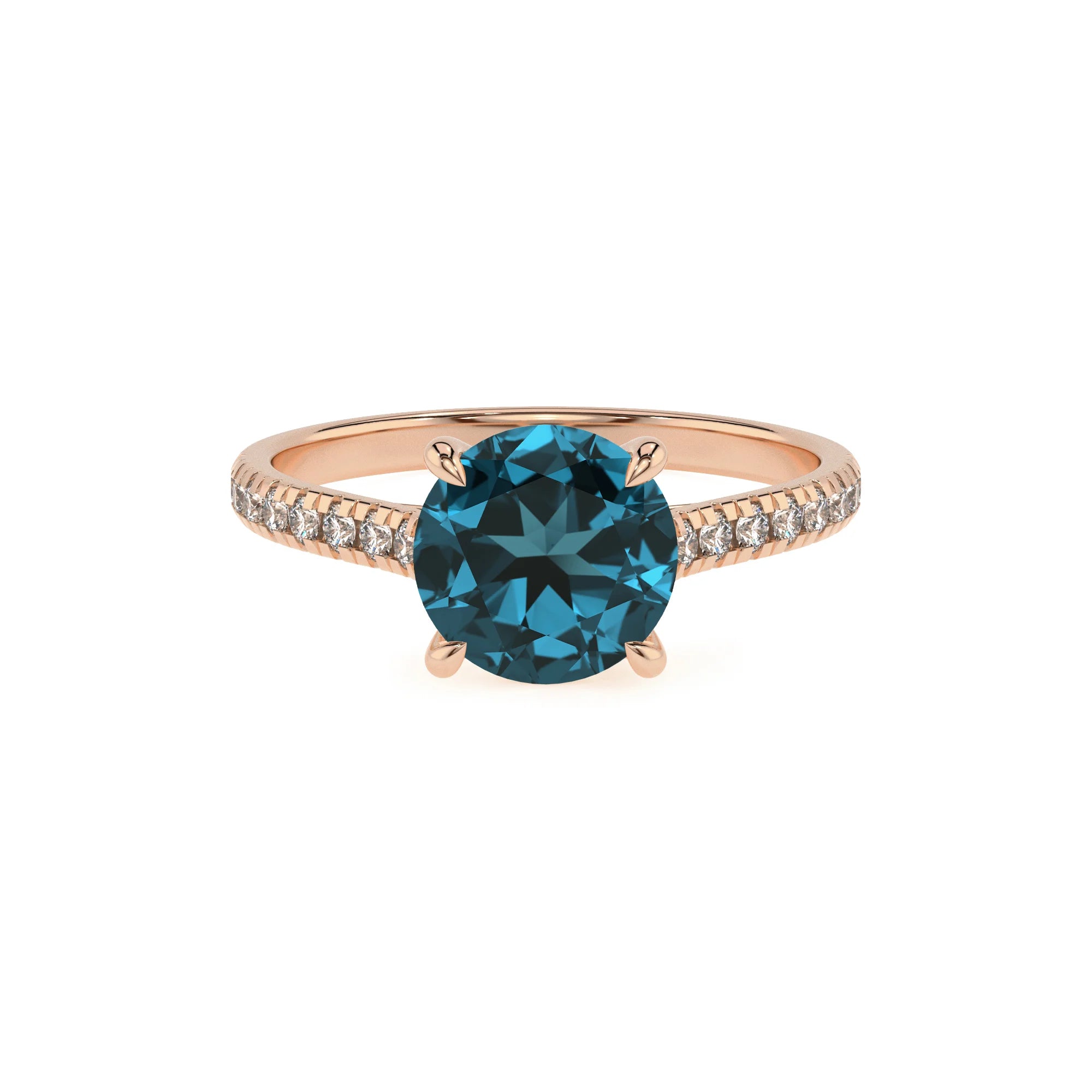 natural london-blue-topaz round half eternity solitaire engagement rings in rose gold