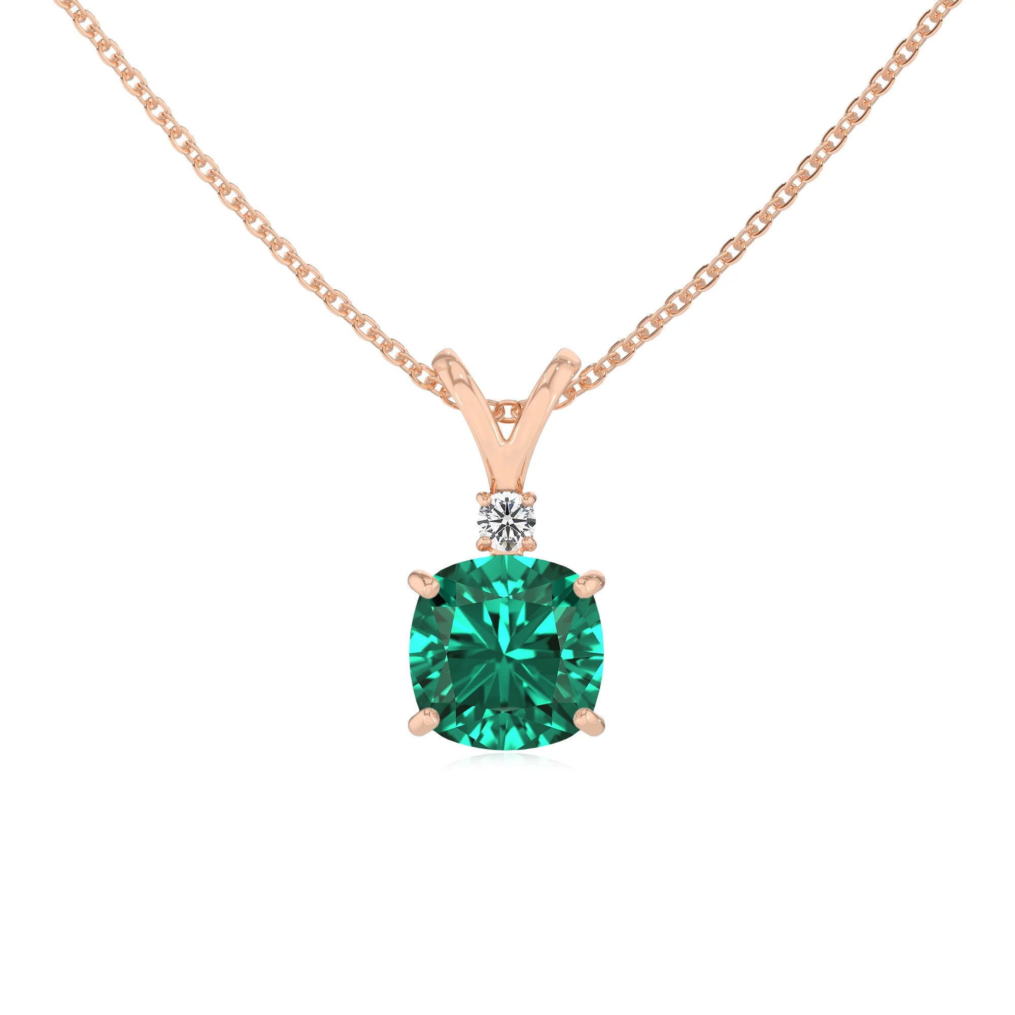 lab grown emerald cushion solitaire v-bale necklaces in rose gold
