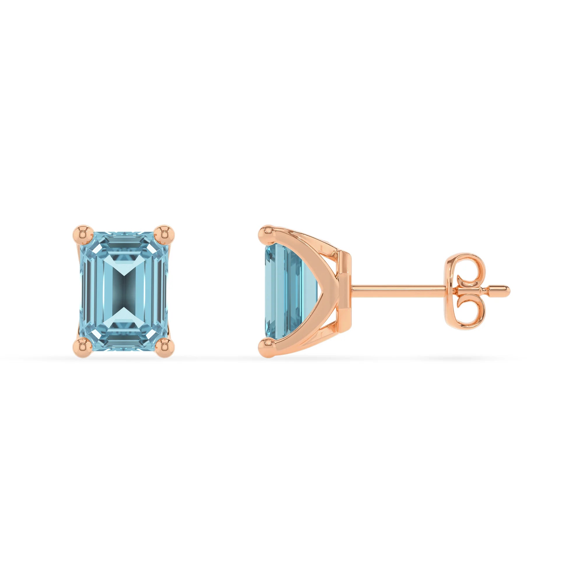 lab grown aquamarine emerald cut stud earrings in rose gold