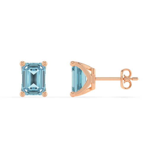 lab grown aquamarine emerald cut stud earrings in rose gold
