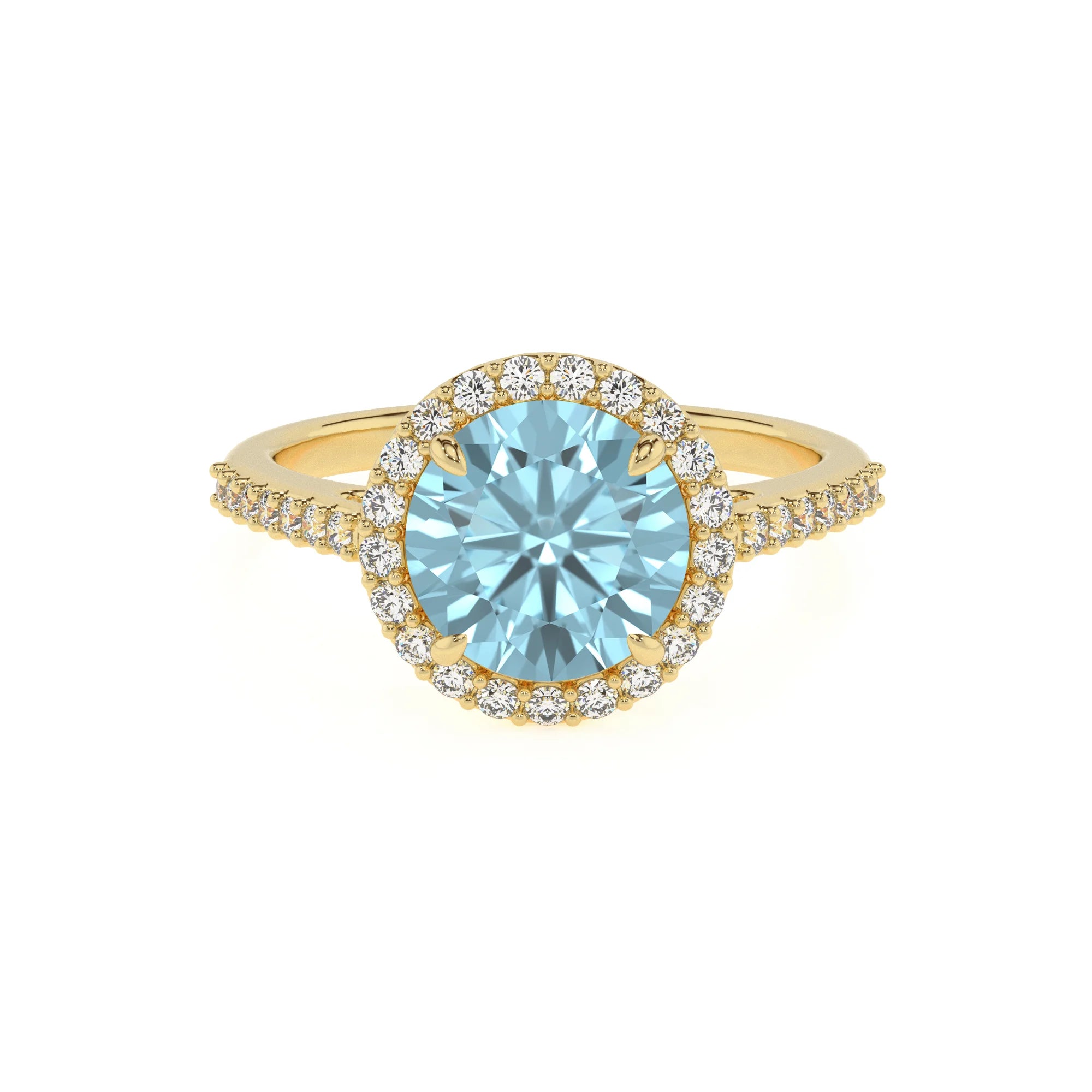 lab grown aquamarine round solitaire rings in yellow gold