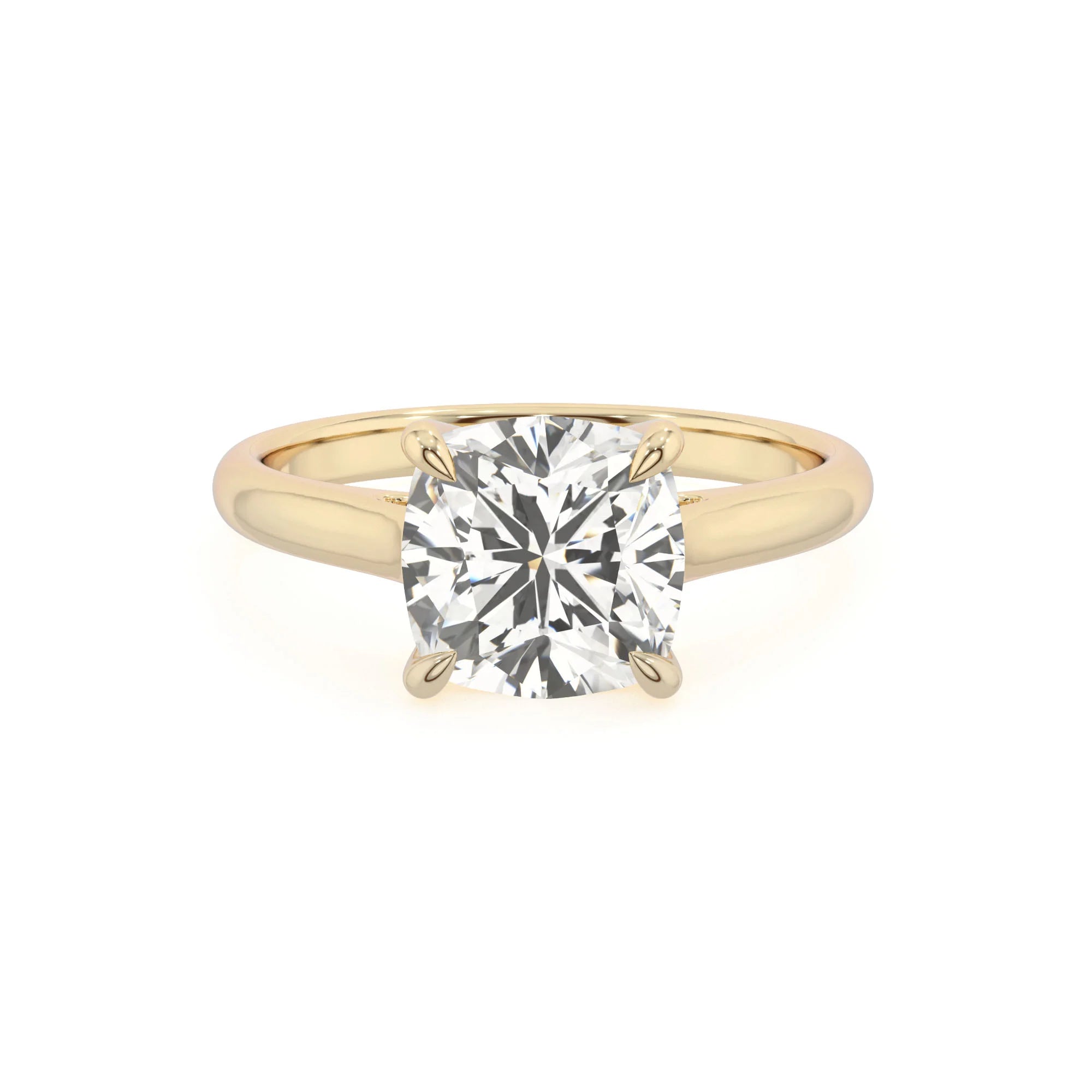lab grown moissanite cushion solitaire rings in yellow gold