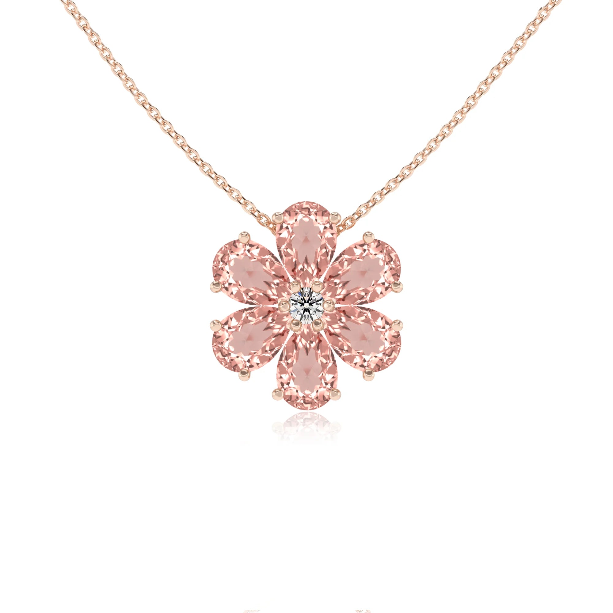 lab grown morganite pear solitaire necklaces in rose gold