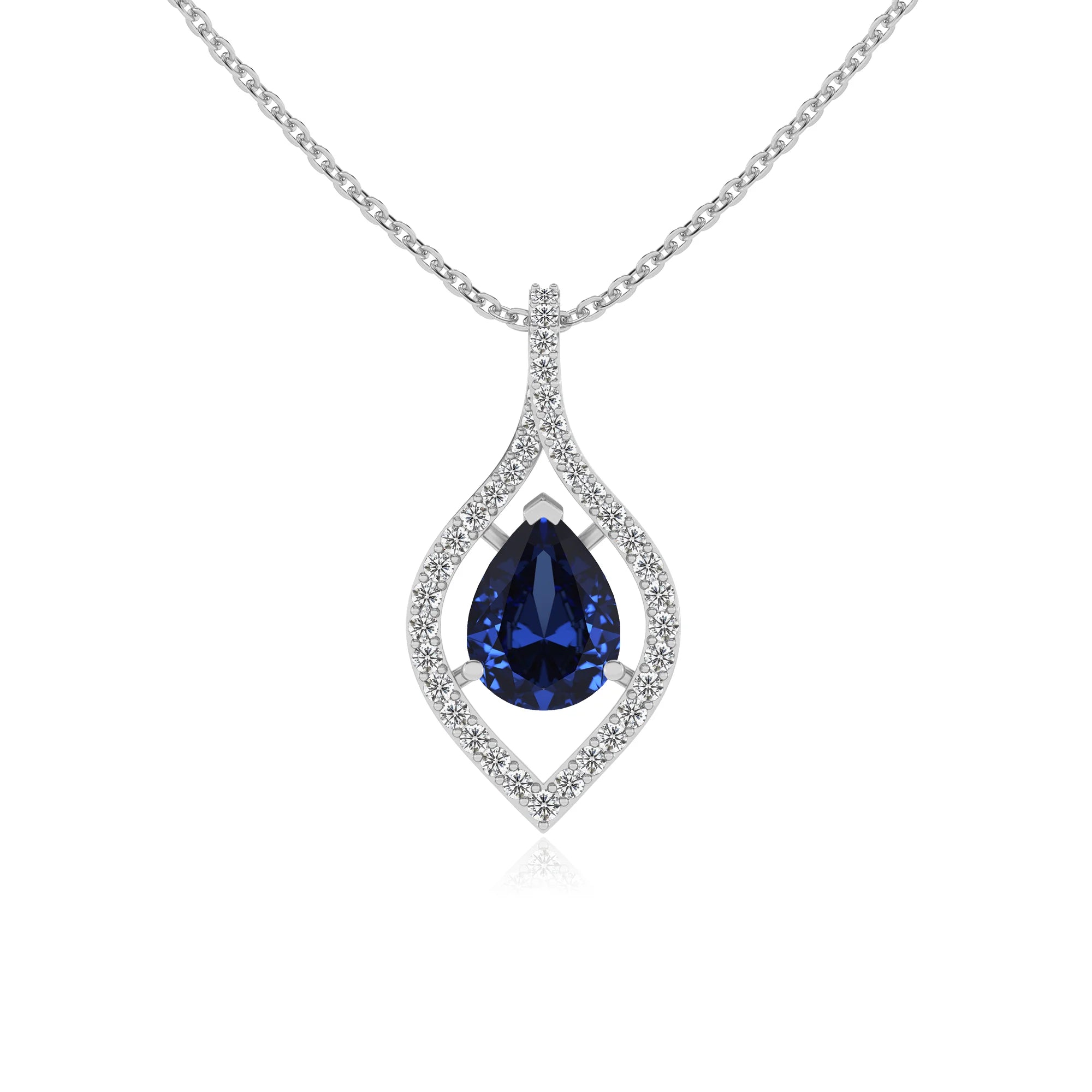 lab grown blue-sapphire pear infinity necklaces in white gold
