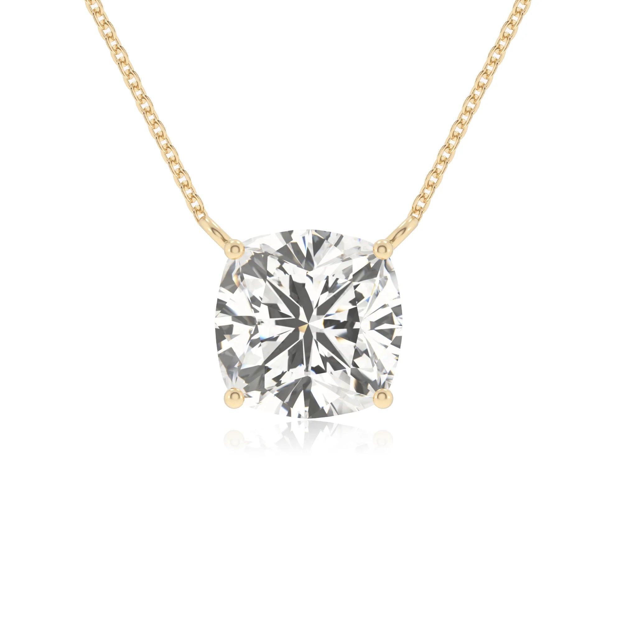 lab grown moissanite cushion solitaire necklaces in yellow gold