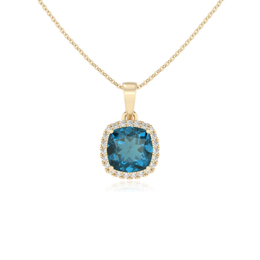 natural london-blue-topaz cushion solitaire necklaces in yellow gold