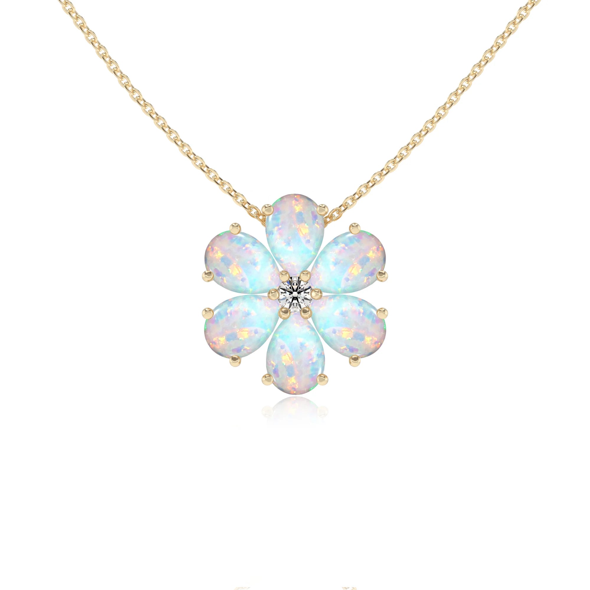 lab grown opal pear solitaire necklaces in yellow gold