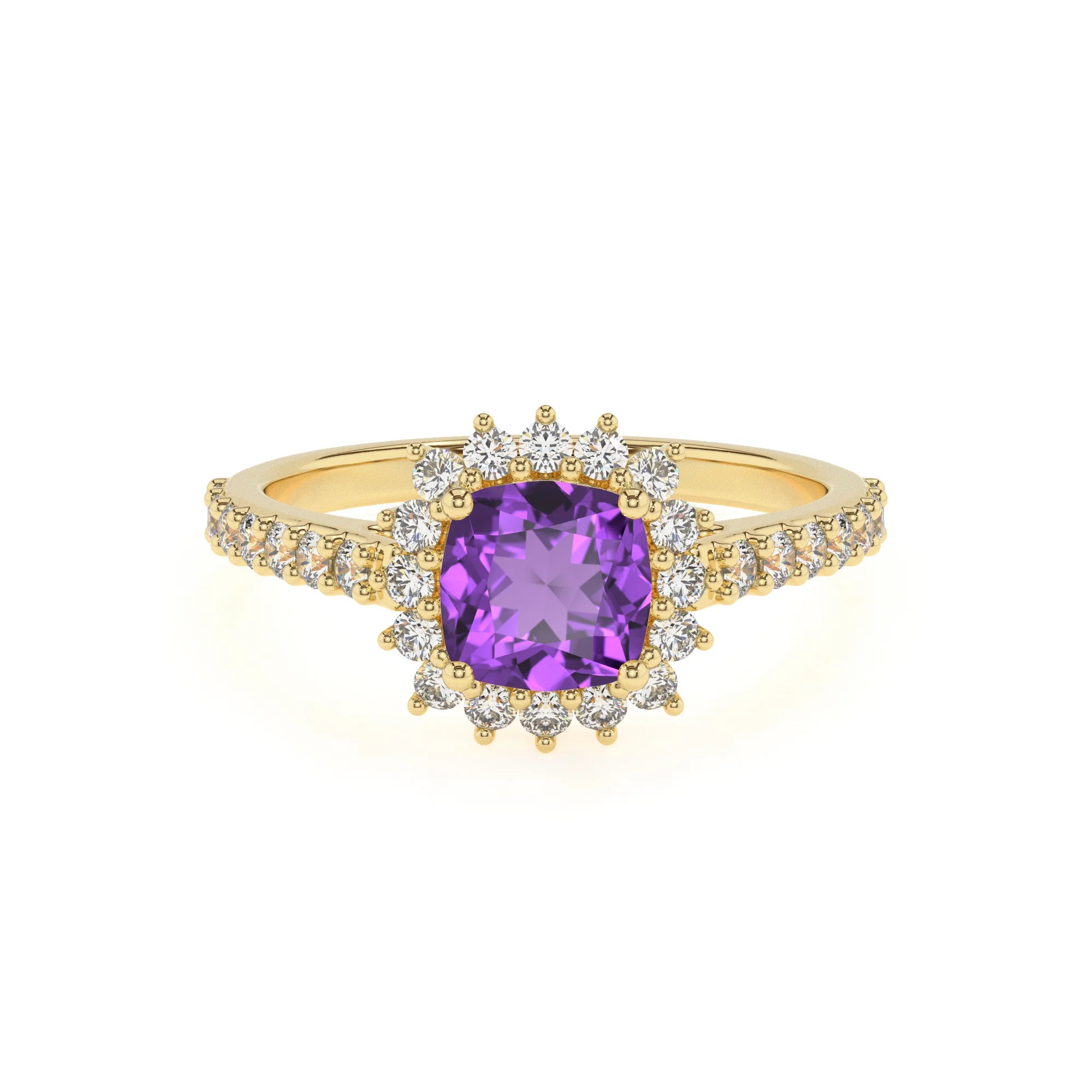 lab grown amethyst cushion solitaire rings in yellow gold