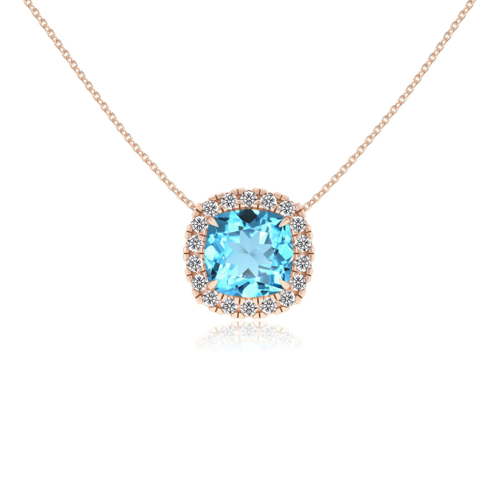natural swiss blue topaz cushion solitaire necklaces in rose gold