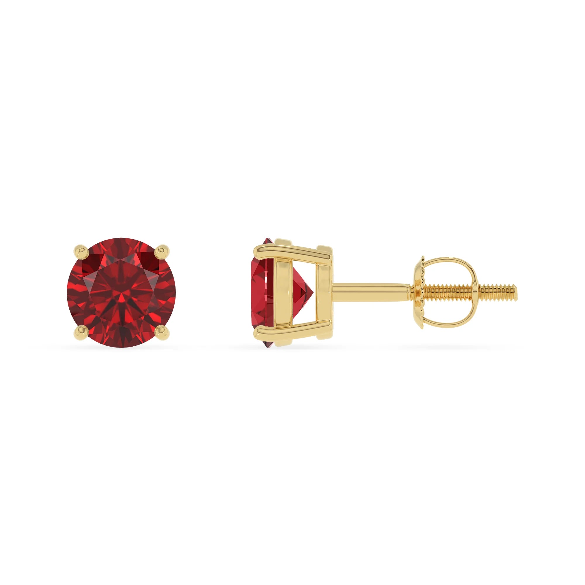 lab grown ruby round stud earrings in yellow gold