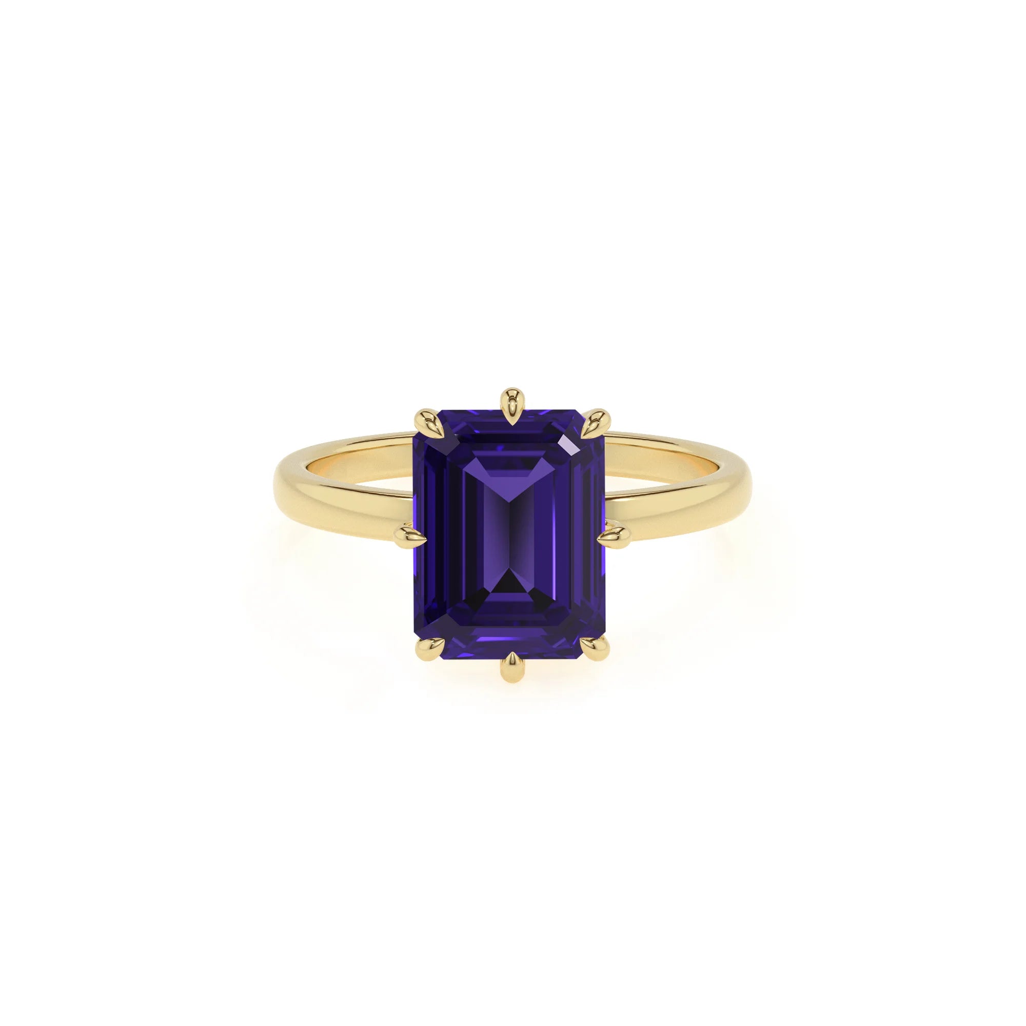 lab grown tanzanite emerald cut solitaire rings in yellow gold