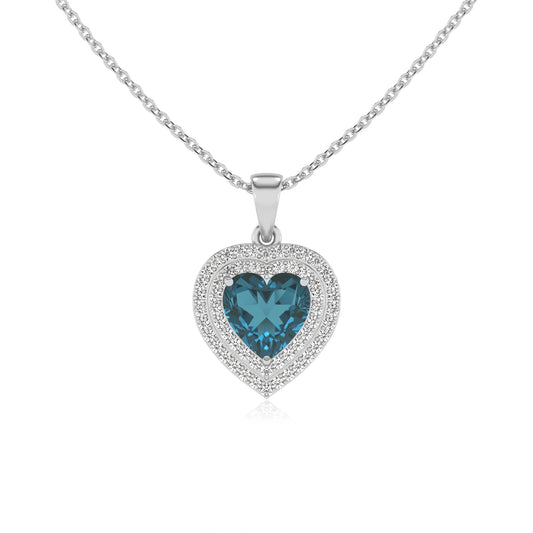 natural london blue topaz heart halo necklaces in white gold