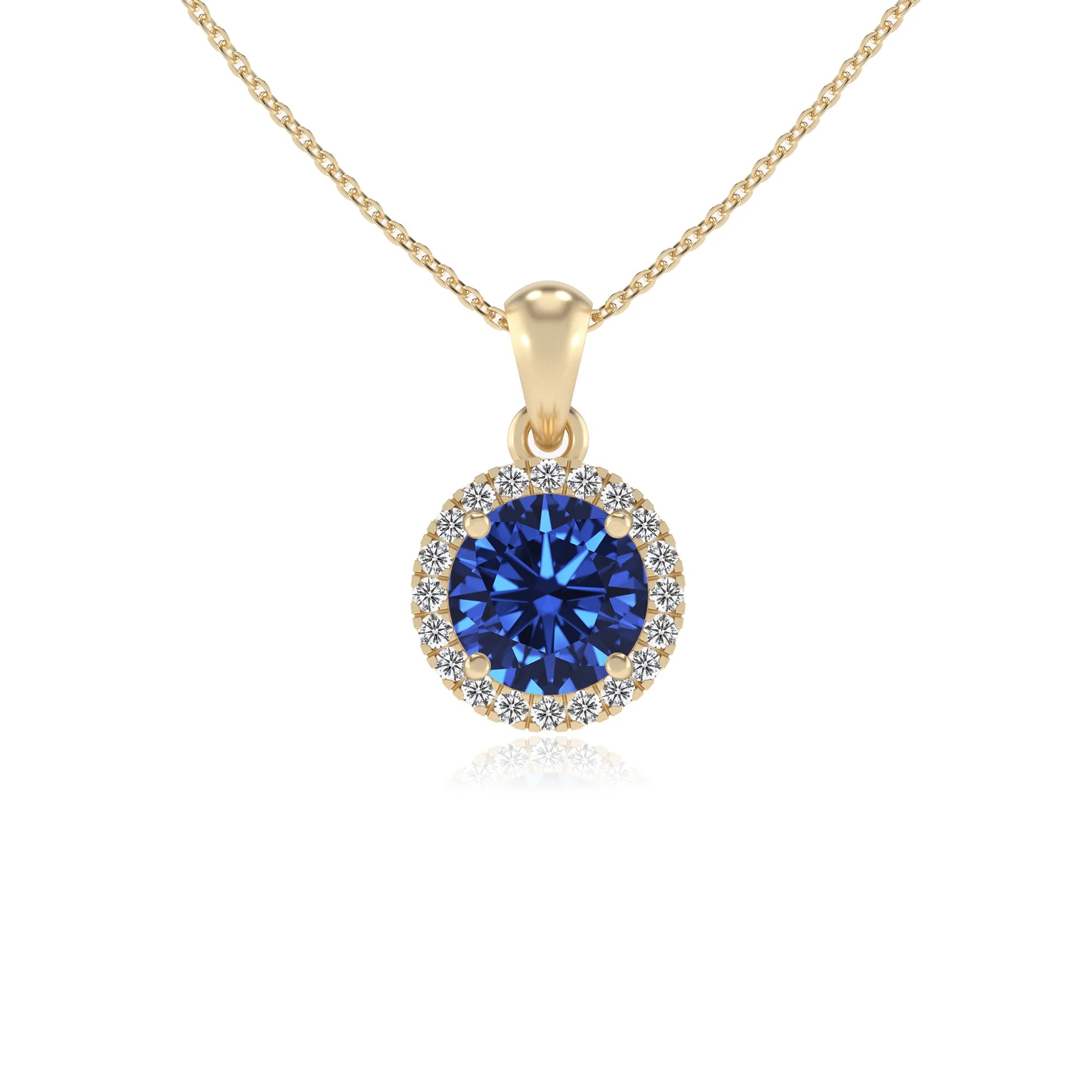 lab grown blue-sapphire round solitaire necklaces in yellow gold