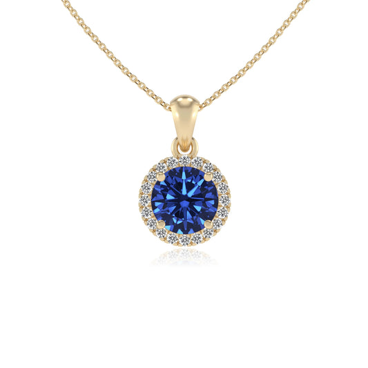 lab grown blue-sapphire round solitaire necklaces in yellow gold