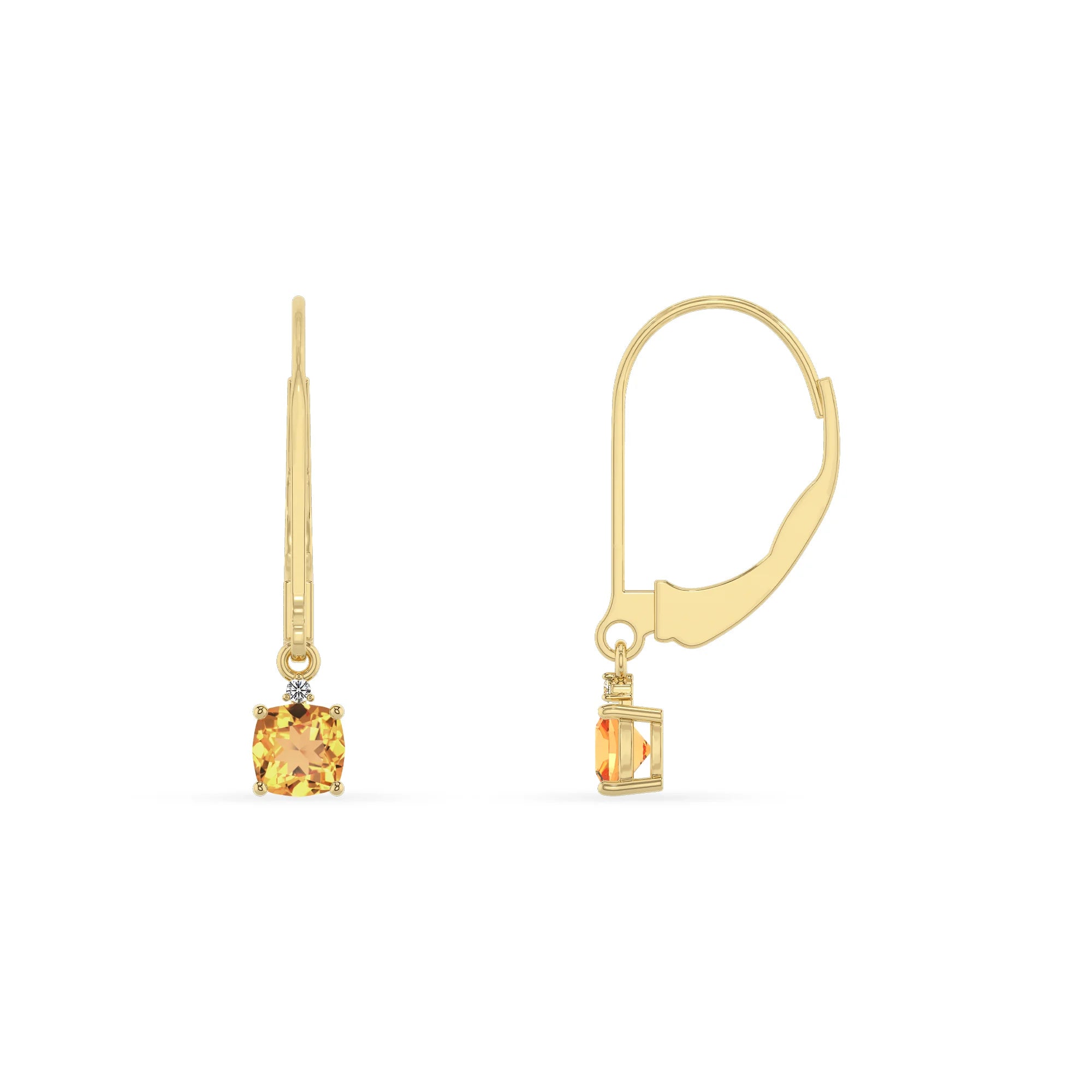 lab grown citrine cushion drop earrings in yellow gold