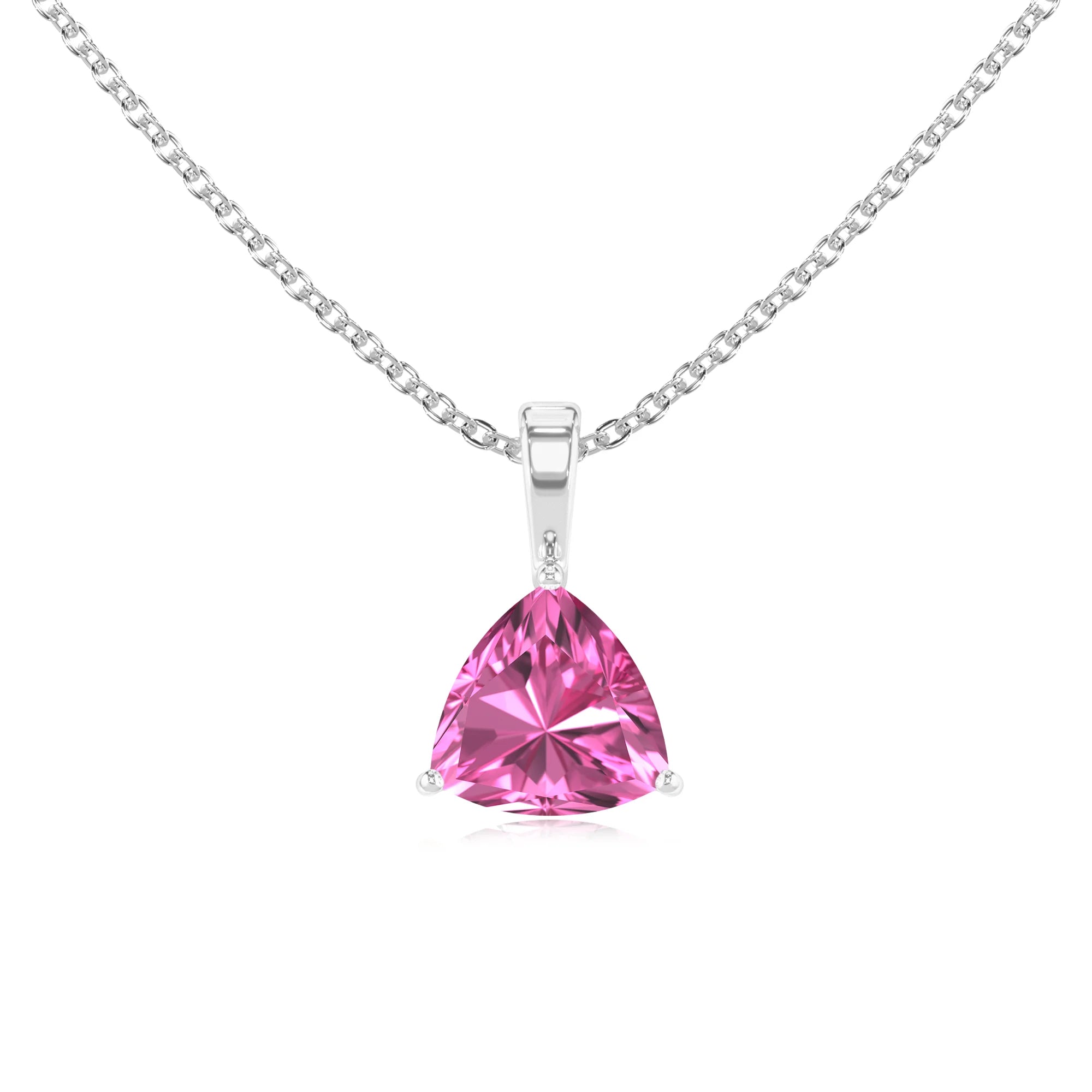 lab grown pink-sapphire trillion solitaire necklaces in sterling silver