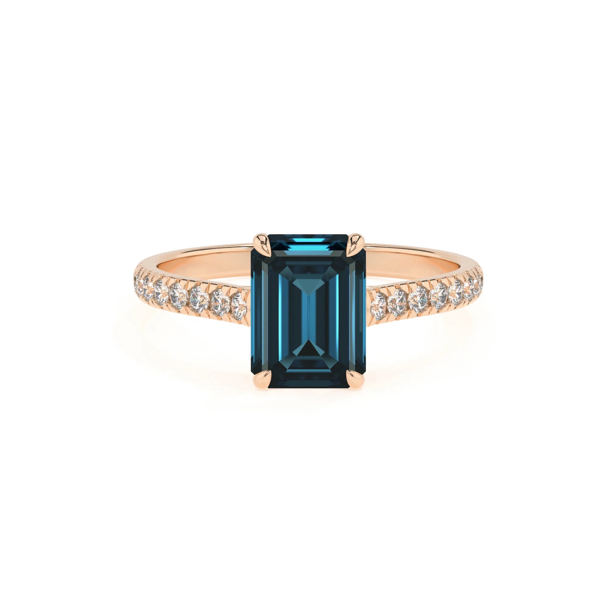 natural london-blue-topaz emerald cut half eternity solitaire engagement rings in rose gold