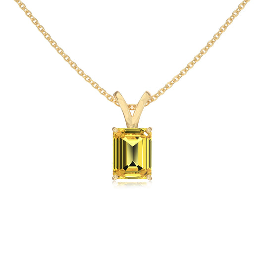 lab grown yellow-sapphire emerald cut solitaire v-bale necklaces in yellow gold