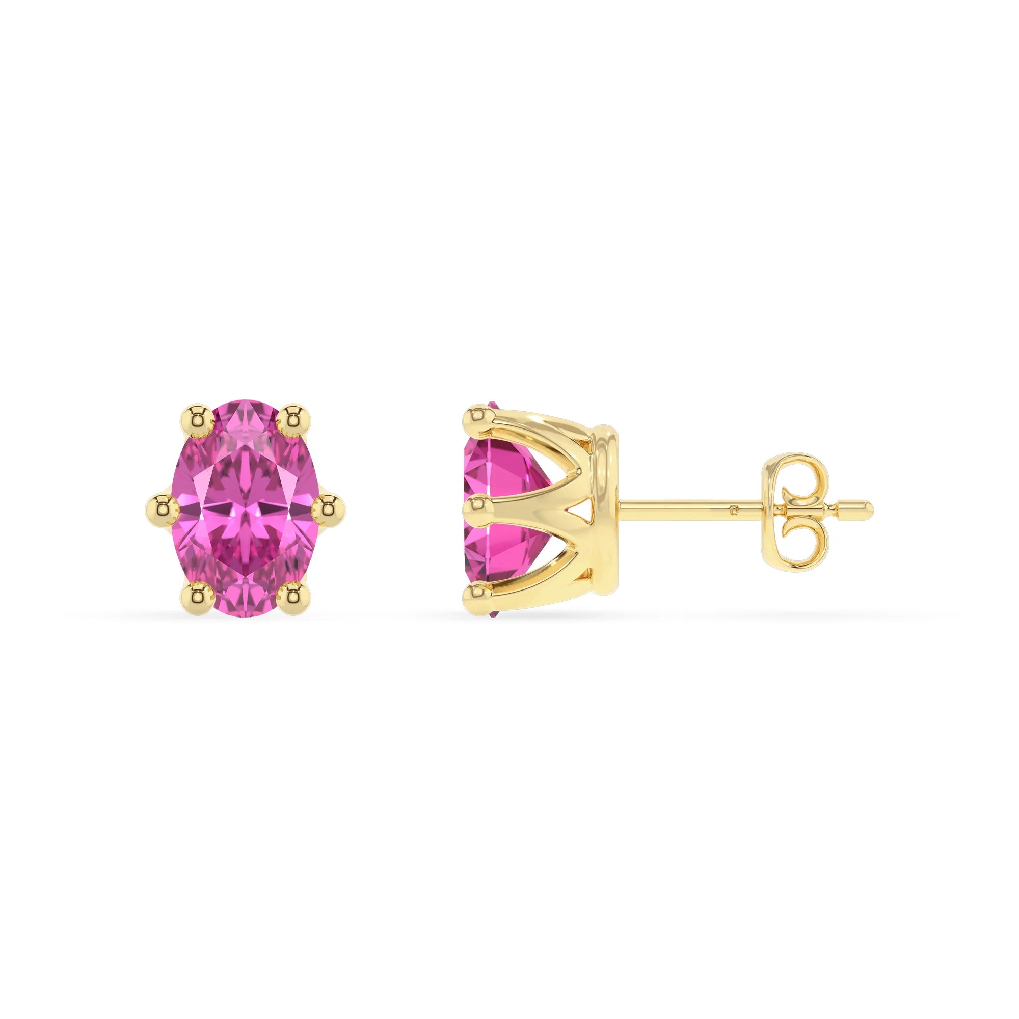 lab grown pink sapphire oval stud earrings in yellow gold