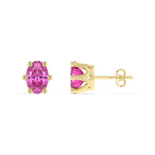 lab grown pink sapphire oval stud earrings in yellow gold