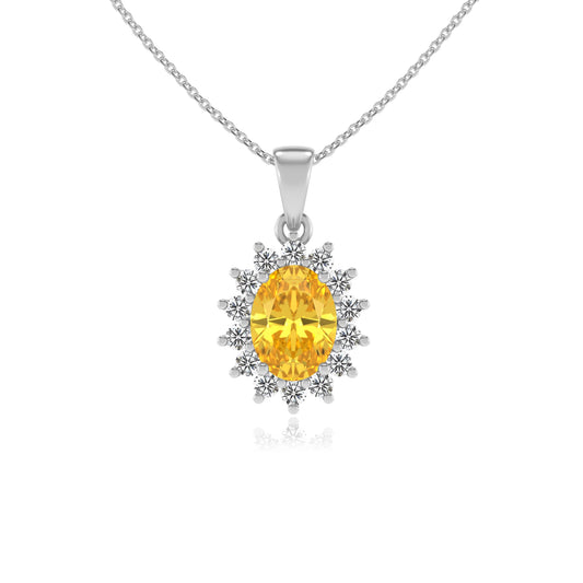 lab grown yellow-sapphire oval halo necklaces in platinum