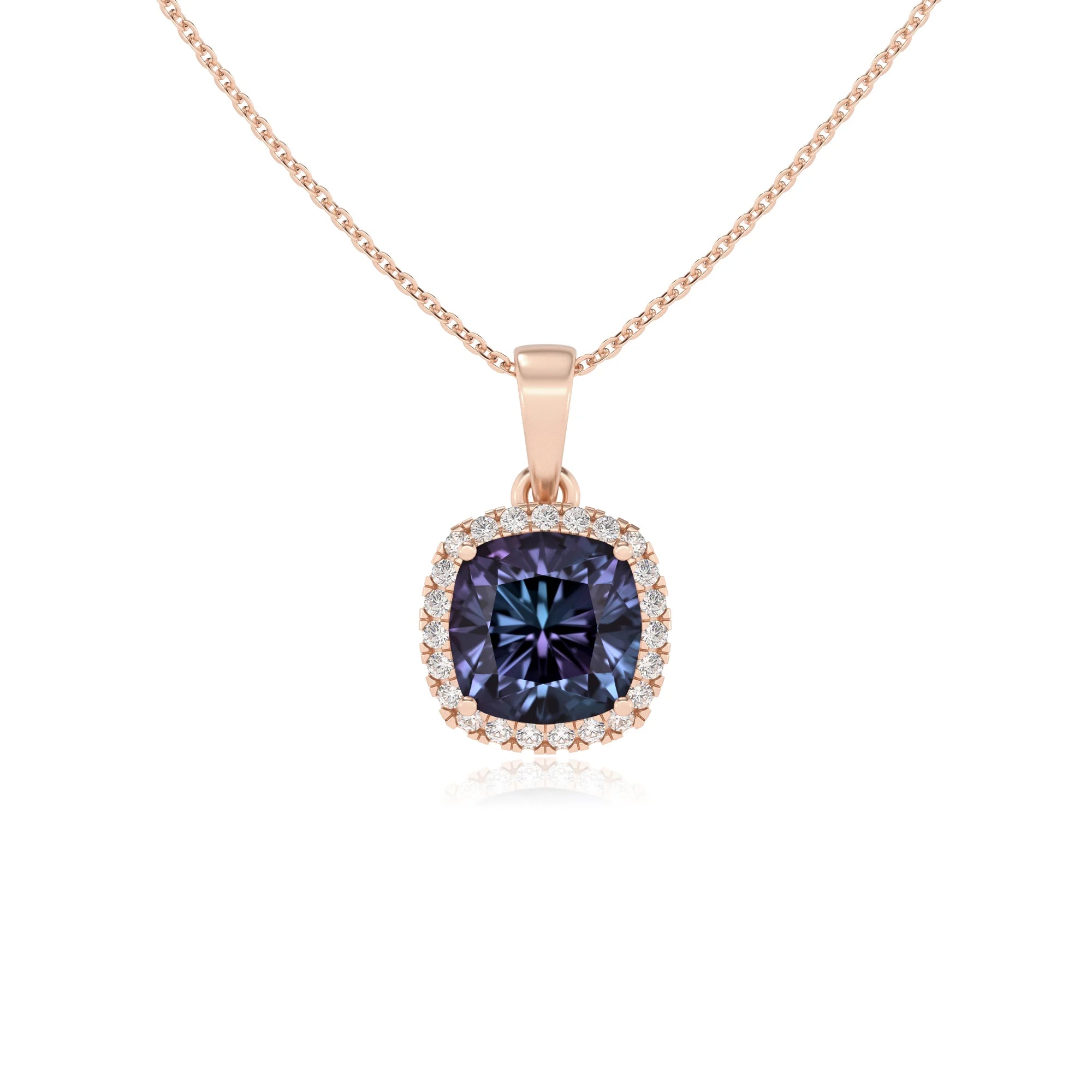 lab grown alexandrite cushion solitaire necklaces in rose gold