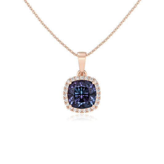 lab grown alexandrite cushion solitaire necklaces in rose gold