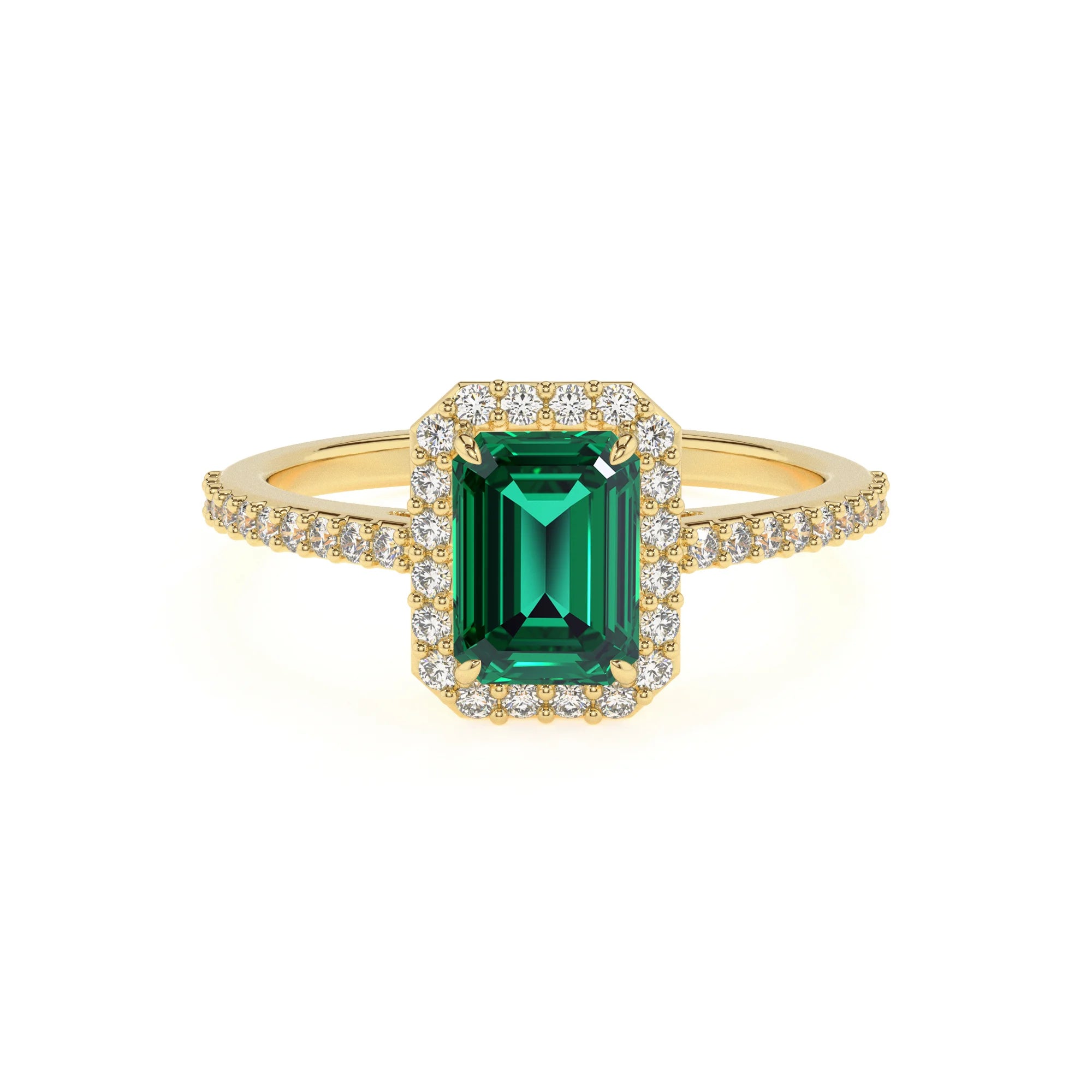 lab grown emerald octogon cut solitaire rings in yellow gold