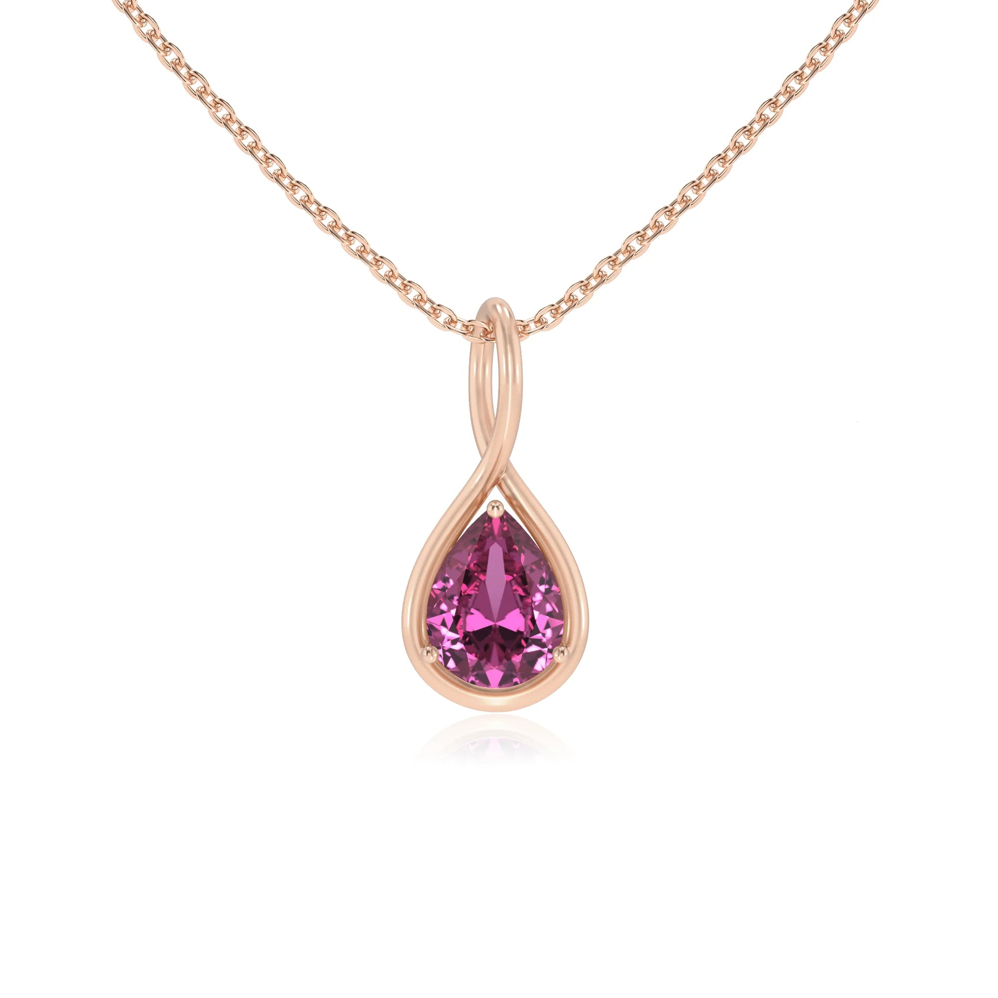 lab grown pink-sapphire pear solitaire necklaces in rose gold