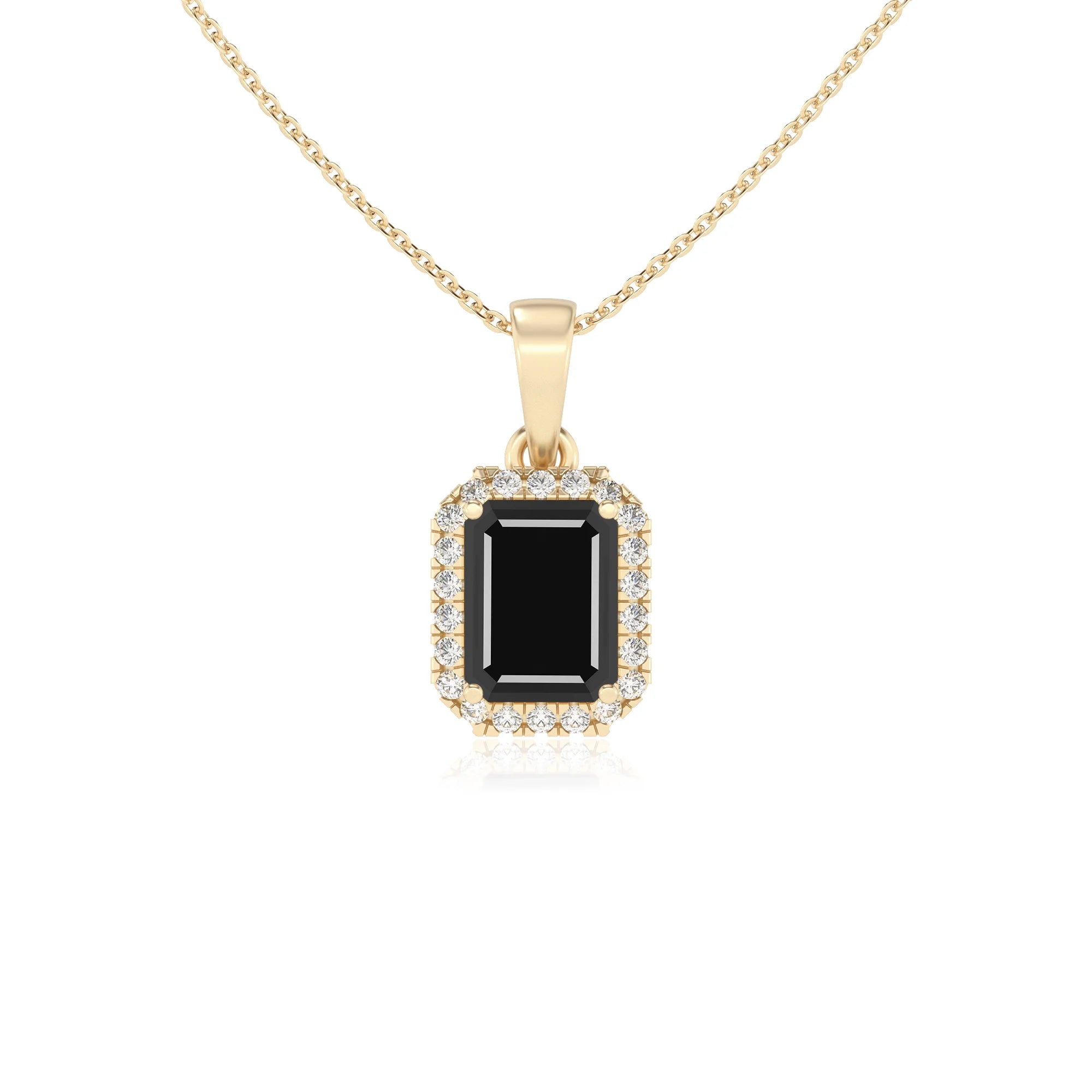 natural black-onyx emerald cut solitaire necklaces in yellow gold
