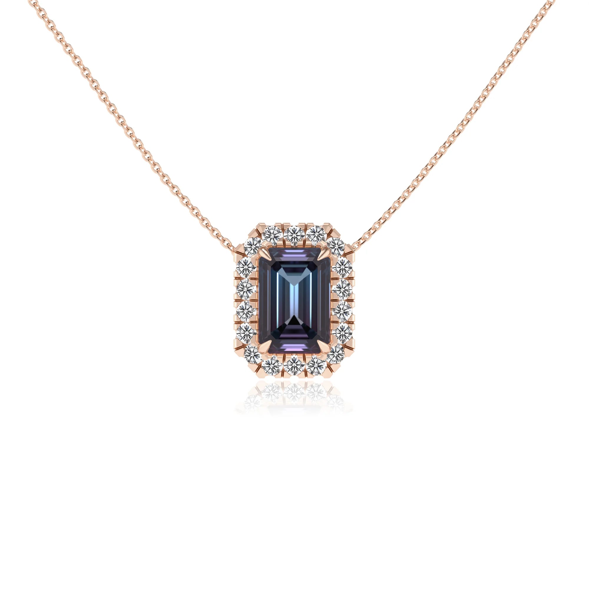 lab grown alexandrite emerald cut solitaire necklaces in rose gold