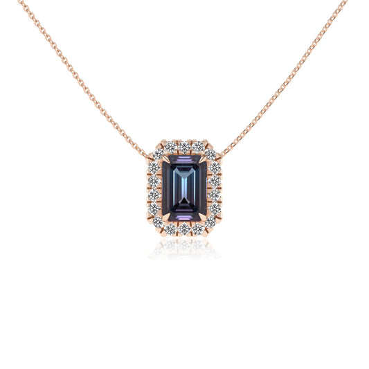 lab grown alexandrite emerald cut solitaire necklaces in rose gold