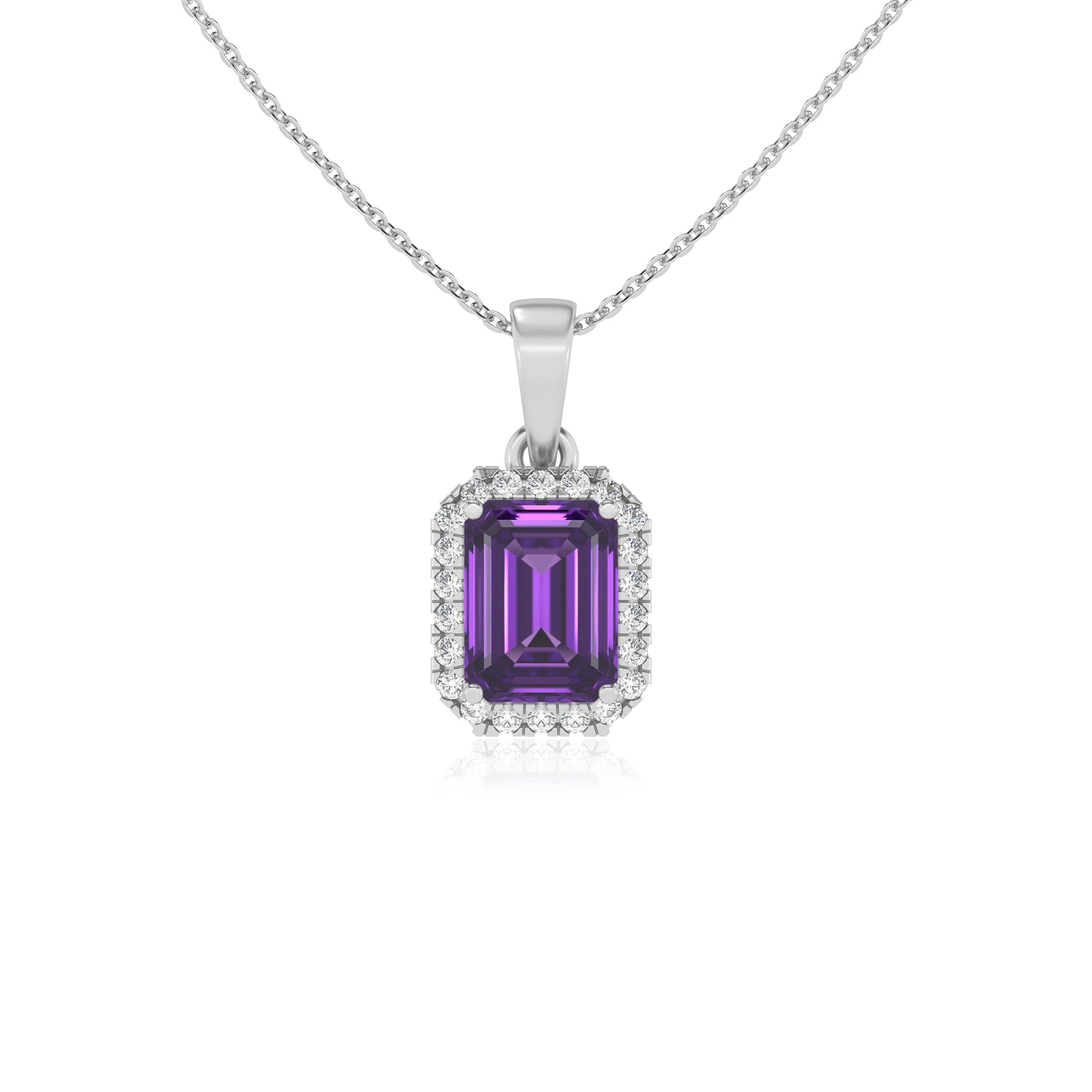 lab grown amethyst emerald cut solitaire necklaces in sterling silver