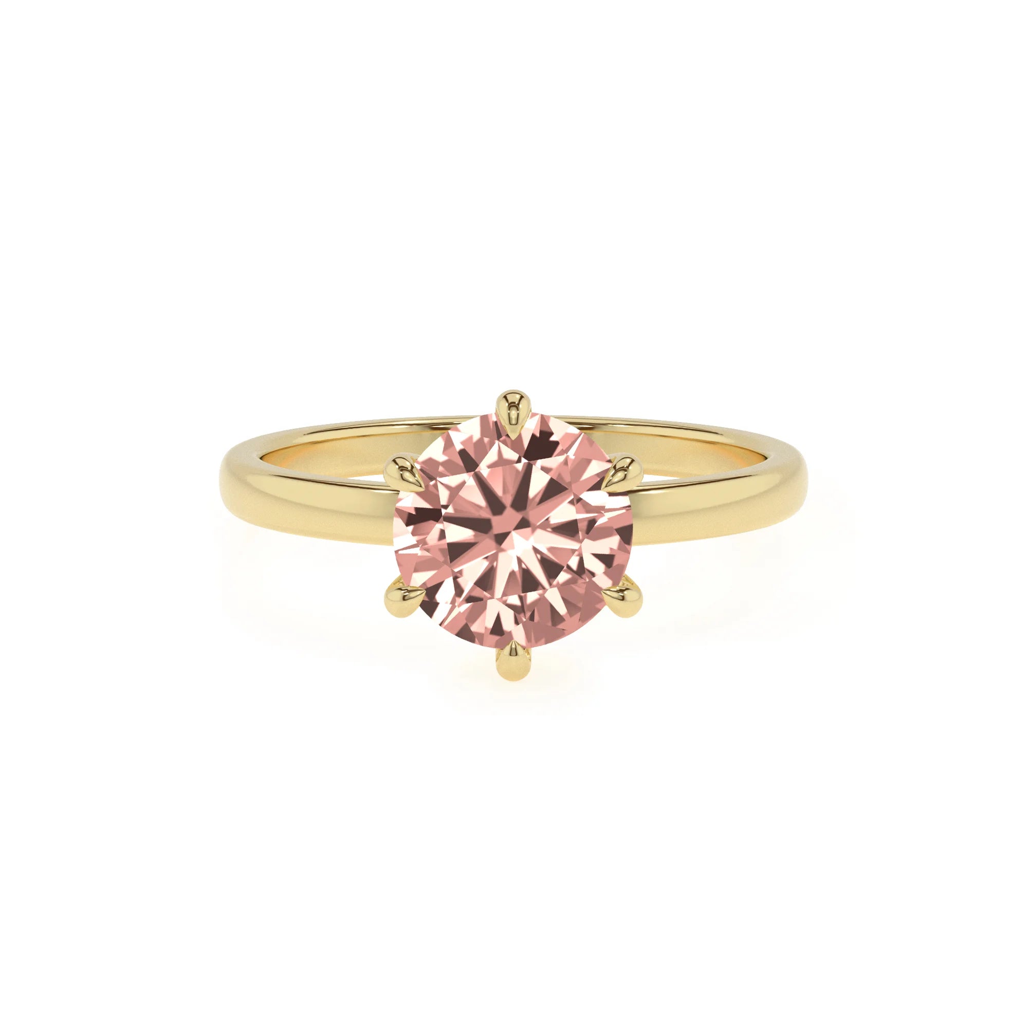lab grown morganite round solitaire rings in yellow gold