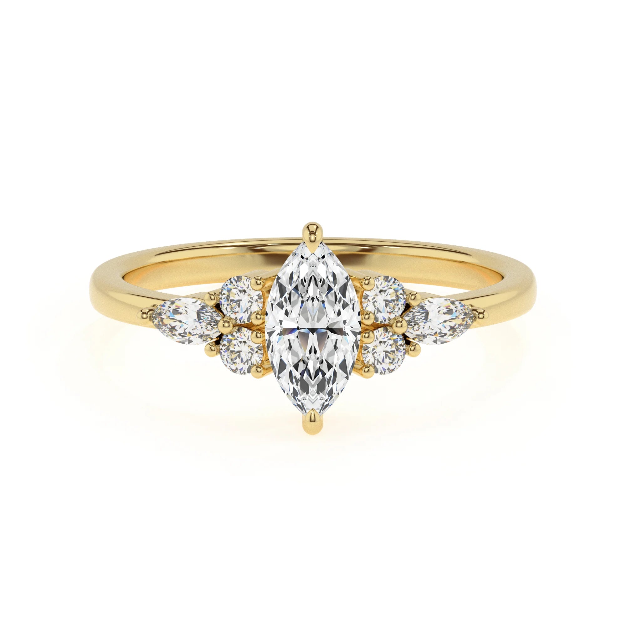 lab grown moissanite marquise solitaire rings in yellow gold