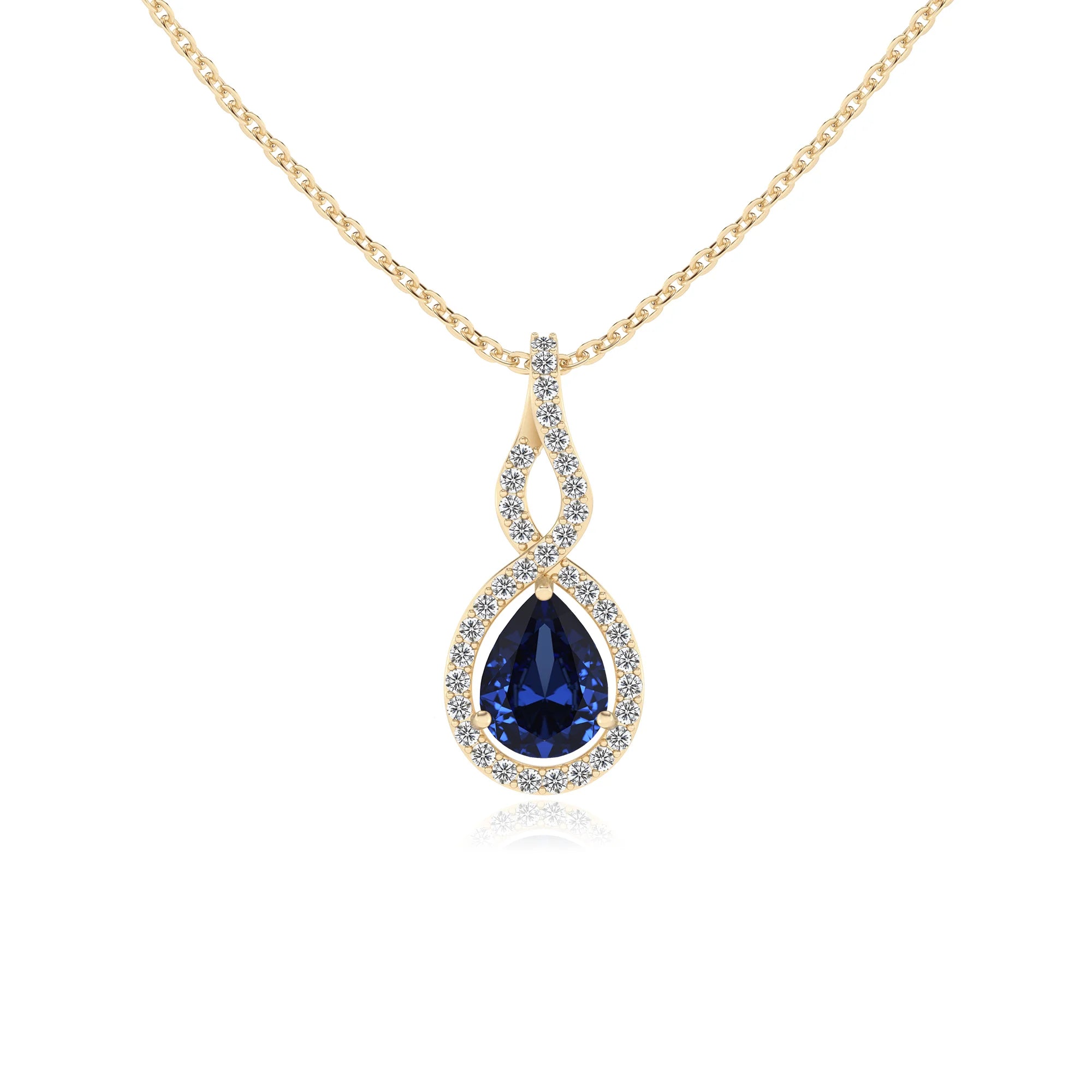 lab grown blue-sapphire pear necklaces in yellow gold